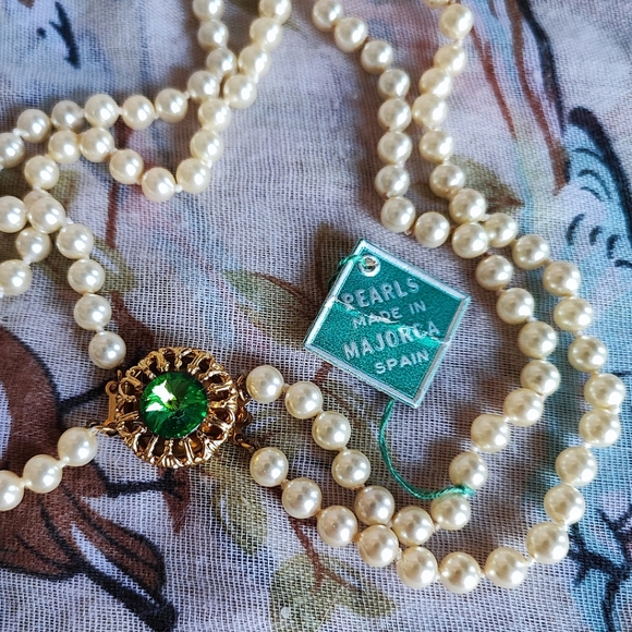 Majorca Spain Dual Strand Pearl Necklace Watermelon Rainbow Rivoli Golden Clasp - Picture 1 of 13